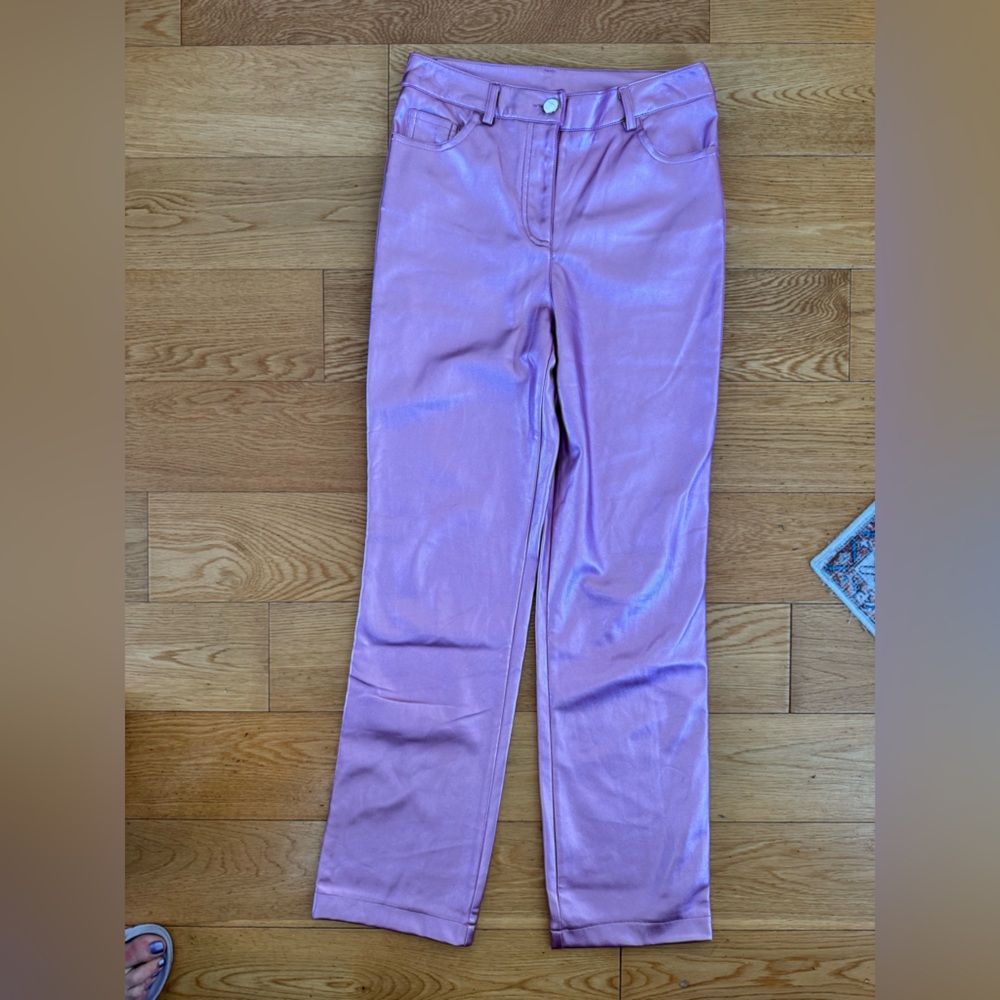 Rachel Zoe Light Pink Faux Leather Metallic Straight Leg Pants - Picture 1 of 10